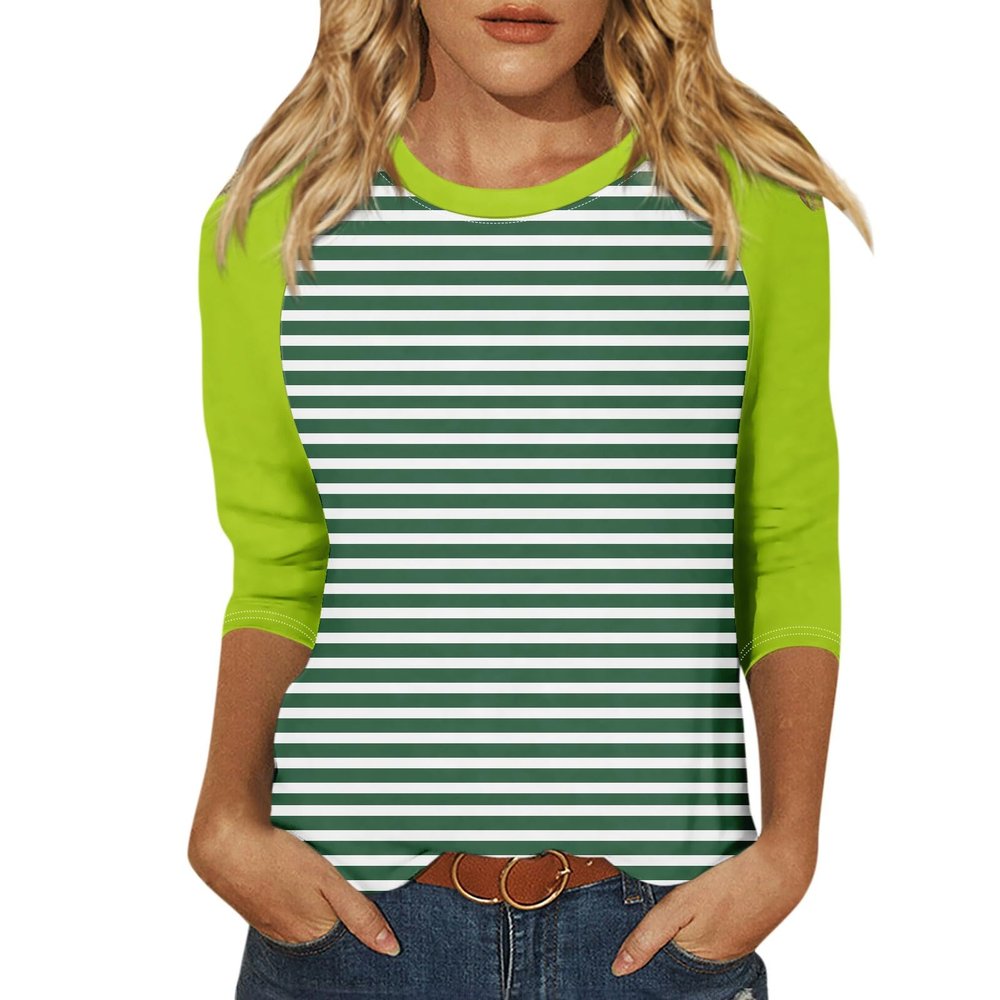 3/4 Length Sleeve Womens Tops Casual Cropped Shoulder Sleeves Patchwork Striped Print Round Neck Blouse Loose Blouses