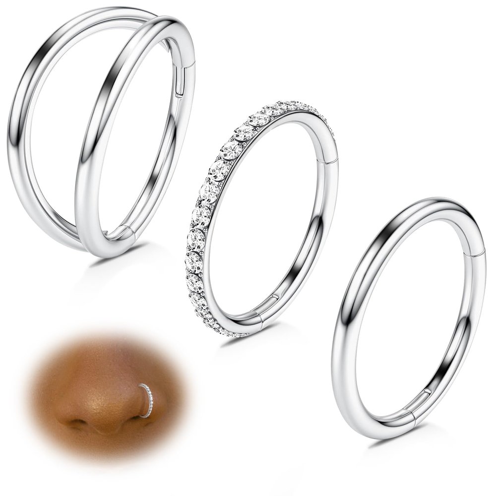 Silver Nose Hoops Rings Women: 316L Surgical Steel Double Hoop Nose Ring Clicker 20G Septum Rings Hinged CZ Cartilage Earrings Conch Helix Rook Lobe Tragus Daith Lip Hoops Body Piercing Jewelry 7mm