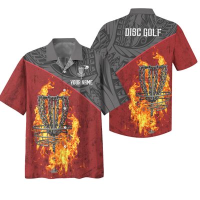 Generic Novelty Disc Golf Hawaii Shirt Personalized Red Fire Disc Golf Basket Button Down Shirt Flying disc Sport Hawaiian Shirt L