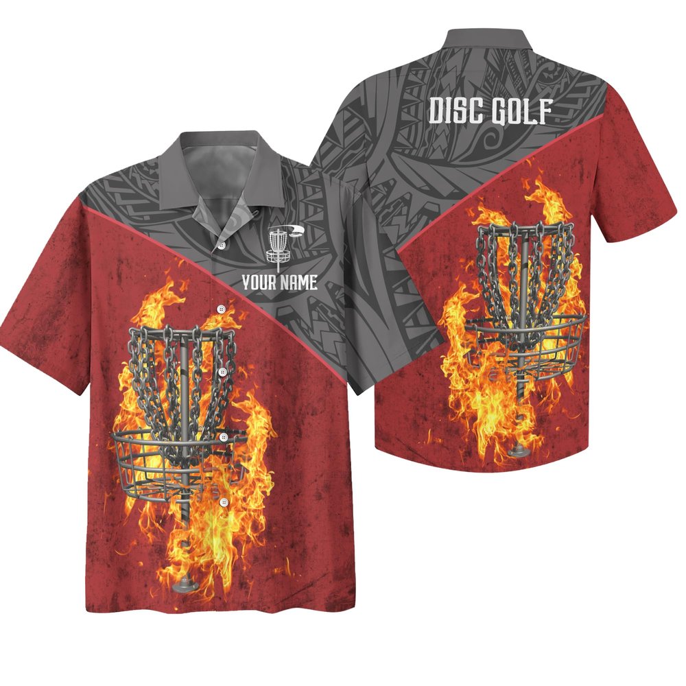 Generic Novelty Disc Golf Hawaii Shirt Personalized Red Fire Disc Golf Basket Button Down Shirt Flying disc Sport Hawaiian Shirt L