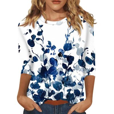 2025 3/4 Sleeve Tops for Women 3/4 Length Sleeve Womens Tops 2025 Floral Print Vintage Fashion Casual Loose with Round Neck Plus Size Shirts Wine XX-Large