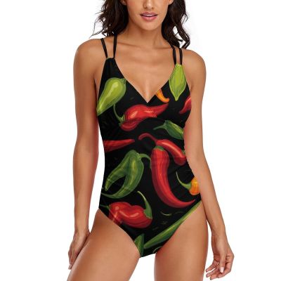 Hot Chili Pepper Womens One Piece Swimsuits V Neck Bathing Suits Slimming Swimwear M