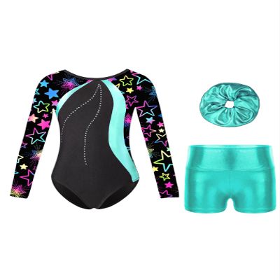 Hansber Kids Girls Long Sleeve Gymnastics Leotards Shiny Rhinestones Leotards with Metallic Dance Shorts Headband Set Starry 12