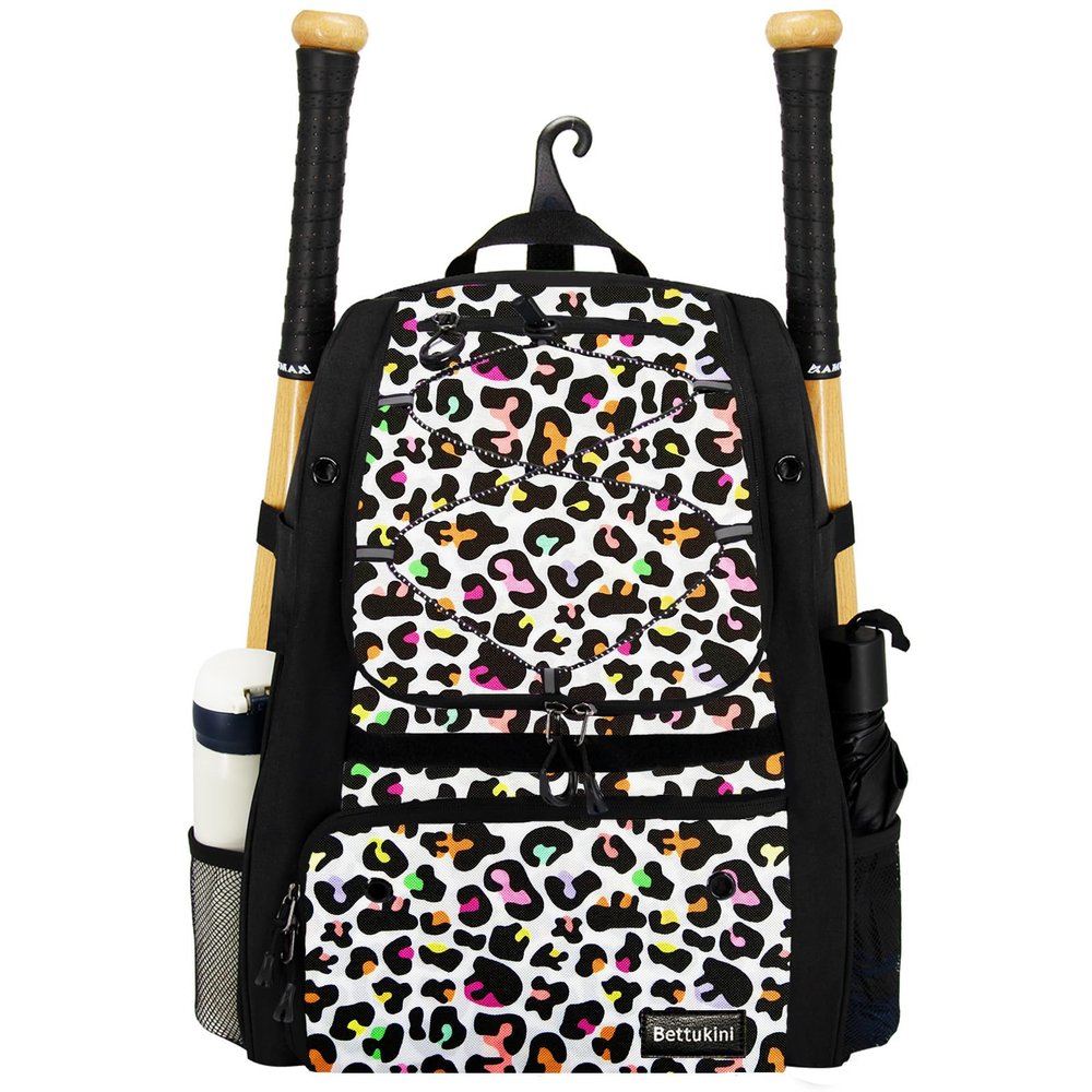Baseball Bag, Youth Baseball Bag Softball Bat Bag with Shoe Compartment, Baseball Equipment Bag TBall Bat with Fence Hook, for Batting Mitten, Helmet, Teeball Gear Adult Colorful Leopard