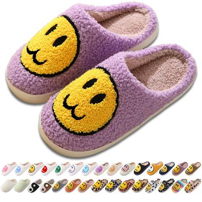 AIMINUO Women's Men's Retro Preppy Happy Face Slippers Comfy Warm Plush Slip-On House Slipper for Winter Indoor Soft Cushion Non-slip Fluffy Slides Slippers Purple 8.5-9.5 Women/8-9 Men