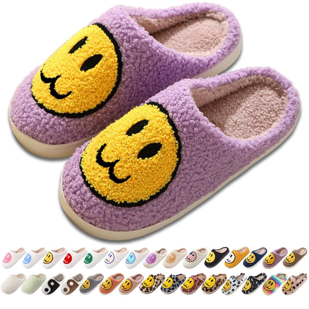 AIMINUO Women's Men's Retro Preppy Happy Face Slippers Comfy Warm Plush Slip-On House Slipper for Winter Indoor Soft Cushion Non-slip Fluffy Slides Slippers Purple 8.5-9.5 Women/8-9 Men