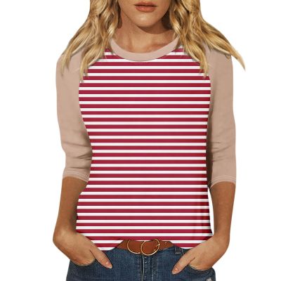 3/4 Length Sleeve Womens Tops Casual Cropped Shoulder Sleeves Patchwork Striped Print Round Neck Blouse Loose Blouses