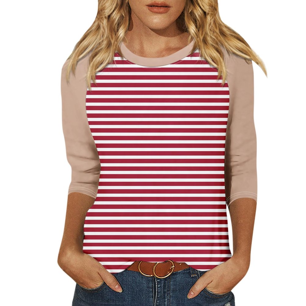 3/4 Length Sleeve Womens Tops Casual Cropped Shoulder Sleeves Patchwork Striped Print Round Neck Blouse Loose Blouses