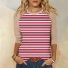 3/4 Length Sleeve Womens Tops Casual Cropped Shoulder Sleeves Patchwork Striped Print Round Neck Blouse Loose Blouses view 2