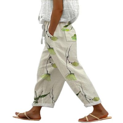 Akivide Women Casual Floral Print Linen Pant Summer Boho High Elastic Waist Straight Wide Leg Pant Loose Plus Size Beach Lounge Capri Tapered Trouser with Pocket