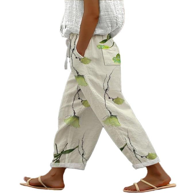 Akivide Women Casual Floral Print Linen Pant Summer Boho High Elastic Waist Straight Wide Leg Pant Loose Plus Size Beach Lounge Capri Tapered Trouser with Pocket
