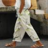 Akivide Women Casual Floral Print Linen Pant Summer Boho High Elastic Waist Straight Wide Leg Pant Loose Plus Size Beach Lounge Capri Tapered Trouser with Pocket view 2