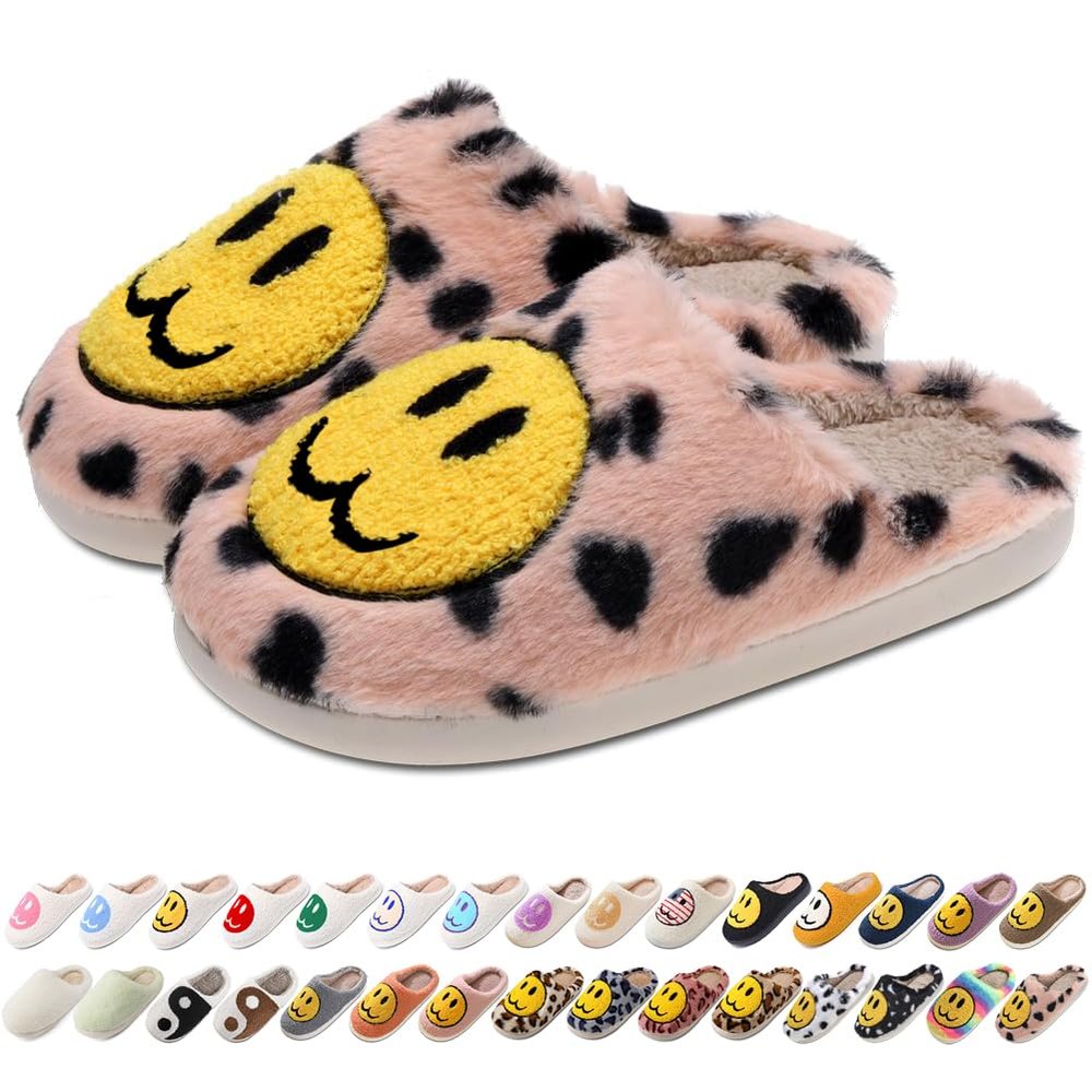 AIMINUO Women's Men's Retro Preppy Happy Face Slippers Comfy Warm Plush Slip-On House Slipper for Winter Indoor Soft Cushion Non-slip Fluffy Slides Slippers Spotted-Pink 10.5-11.5 Women/10-11 Men