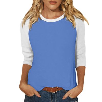 3/4 Length Sleeve Womens Tops Casual Cropped Shoulder Sleeves Patchwork Striped Print Round Neck Blouse Loose Blouses