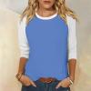 3/4 Length Sleeve Womens Tops Casual Cropped Shoulder Sleeves Patchwork Striped Print Round Neck Blouse Loose Blouses view 2