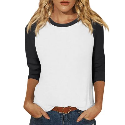 3/4 Length Sleeve Womens Tops Casual Cropped Shoulder Sleeves Patchwork Striped Print Round Neck Blouse Loose Blouses