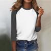 3/4 Length Sleeve Womens Tops Casual Cropped Shoulder Sleeves Patchwork Striped Print Round Neck Blouse Loose Blouses view 4