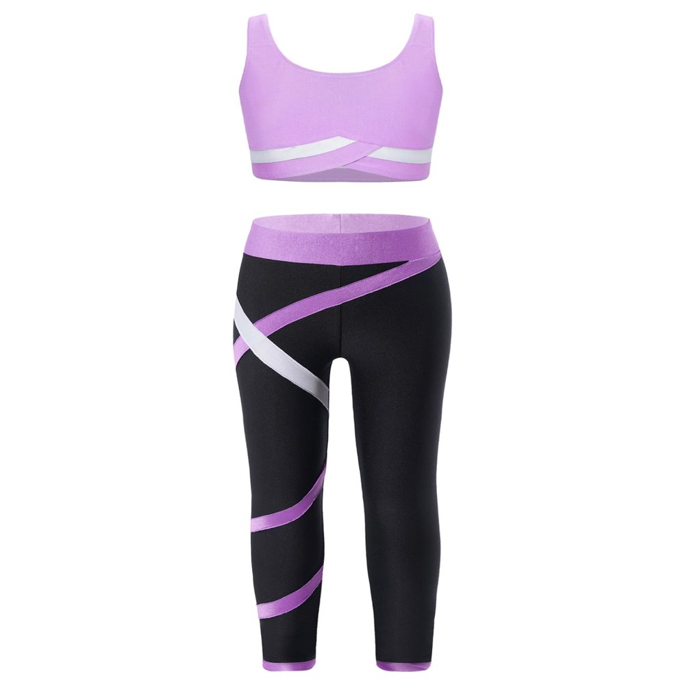 Huimingda Kid Girls 2 Piece Dance Outfits Sports Bra Crop Tank Top Athletic Leggings Set Gymnastics Tracksuit U Neck Purple 8 Years