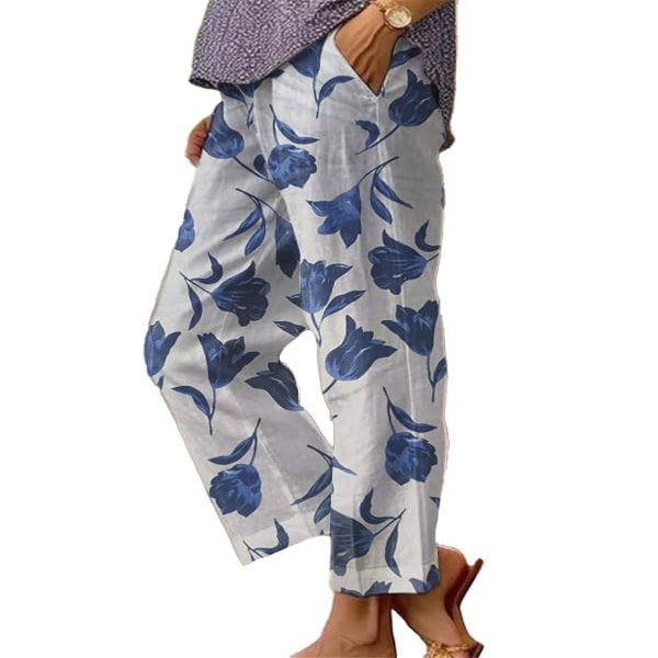 Akivide Women Casual Floral Print Linen Pant Summer Boho High Elastic Waist Straight Wide Leg Pant Loose Plus Size Beach Lounge Capri Tapered Trouser with Pocket