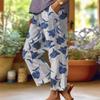 Akivide Women Casual Floral Print Linen Pant Summer Boho High Elastic Waist Straight Wide Leg Pant Loose Plus Size Beach Lounge Capri Tapered Trouser with Pocket view 2