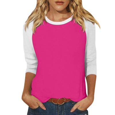 3/4 Length Sleeve Womens Tops Casual Cropped Shoulder Sleeves Patchwork Striped Print Round Neck Blouse Loose Blouses
