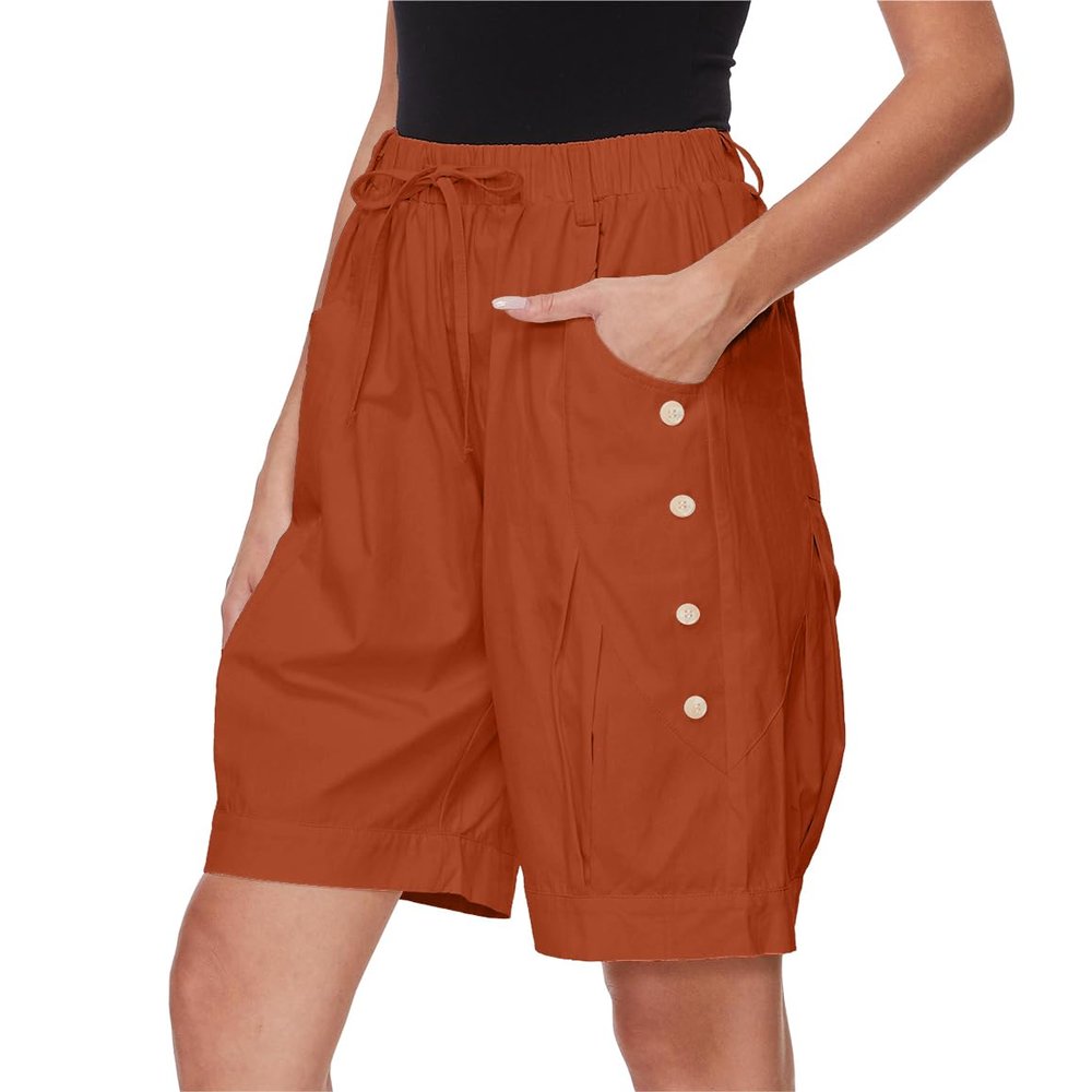 WROLEM Women's High Waist Bermuda Shorts Loose Drawstring Capri Pants with Pockets Wide Leg Summer Shorts Orange