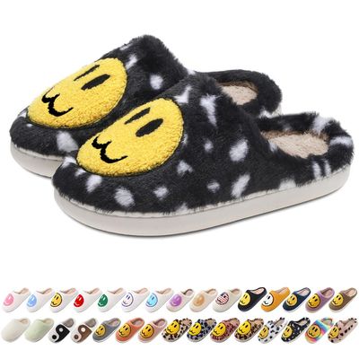 AIMINUO Women's Men's Preppy Happy Face Slippers Comfy Warm Plush Slip-On House Slipper for Winter Indoor Soft Cushion Non-slip Fluffy Slides Slippers Spotted-Black Size 9.5-10.5 Women/8.5-9.5 Men