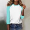 3/4 Length Sleeve Womens Tops Casual Cropped Shoulder Sleeves Patchwork Striped Print Round Neck Blouse Loose Blouses view 4