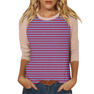 3/4 Length Sleeve Womens Tops Casual Cropped Shoulder Sleeves Patchwork Striped Print Round Neck Blouse Loose Blouses