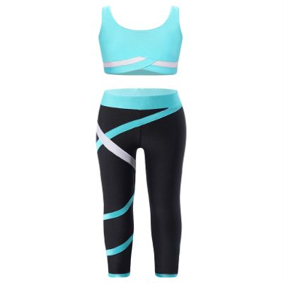 Huimingda Kid Girls 2 Piece Dance Outfits Sports Bra Crop Tank Top Athletic Leggings Set Gymnastics Tracksuit U Neck Blue 8 Years