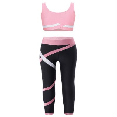 Huimingda Kid Girls 2 Piece Dance Outfits Sports Bra Crop Tank Top Athletic Leggings Set Gymnastics Tracksuit U Neck Pink 10 Years