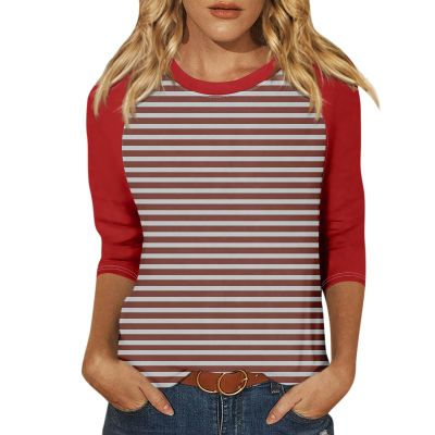 3/4 Length Sleeve Womens Tops Casual Cropped Shoulder Sleeves Patchwork Striped Print Round Neck Blouse Loose Blouses