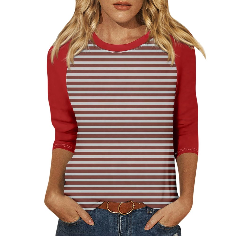 3/4 Length Sleeve Womens Tops Casual Cropped Shoulder Sleeves Patchwork Striped Print Round Neck Blouse Loose Blouses