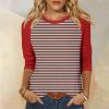 3/4 Length Sleeve Womens Tops Casual Cropped Shoulder Sleeves Patchwork Striped Print Round Neck Blouse Loose Blouses view 2