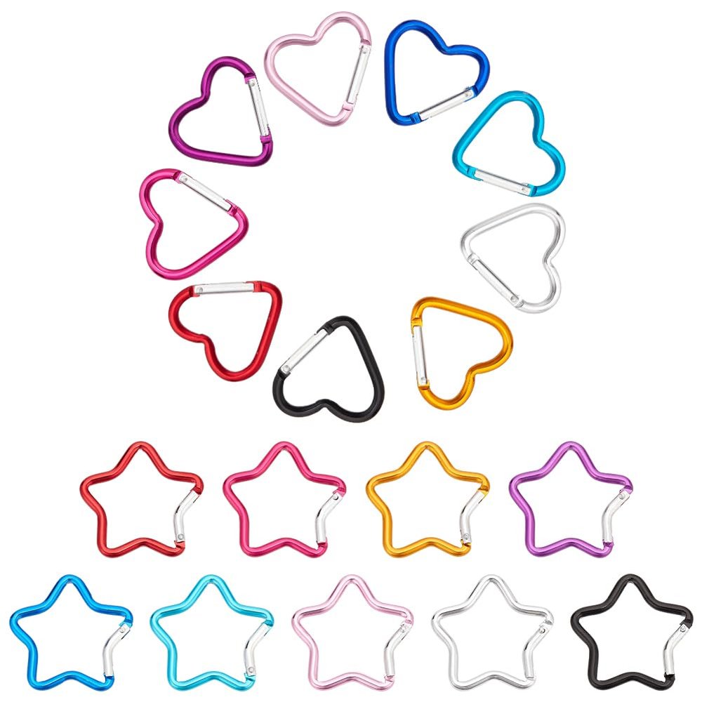 ANATTASOUL 18 PCS Heart Star Carabiner Clip Set Cute Aluminum Alloy Rock Carabiners 18 Styles Key Clasps for Outdoor Accessories Hiking Traveling Heart Shaped Gift 2 Inch