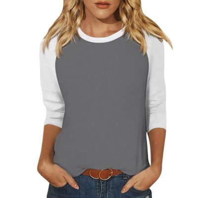 3/4 Length Sleeve Womens Tops Casual Cropped Shoulder Sleeves Patchwork Striped Print Round Neck Blouse Loose Blouses