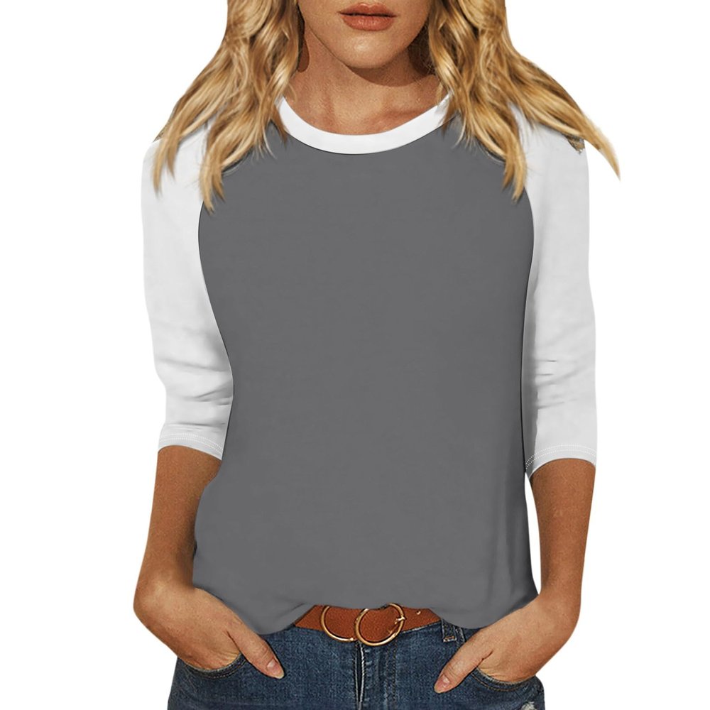 3/4 Length Sleeve Womens Tops Casual Cropped Shoulder Sleeves Patchwork Striped Print Round Neck Blouse Loose Blouses