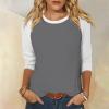 3/4 Length Sleeve Womens Tops Casual Cropped Shoulder Sleeves Patchwork Striped Print Round Neck Blouse Loose Blouses view 2