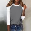 3/4 Length Sleeve Womens Tops Casual Cropped Shoulder Sleeves Patchwork Striped Print Round Neck Blouse Loose Blouses view 4