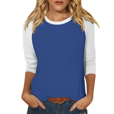 3/4 Length Sleeve Womens Tops Casual Cropped Shoulder Sleeves Patchwork Striped Print Round Neck Blouse Loose Blouses