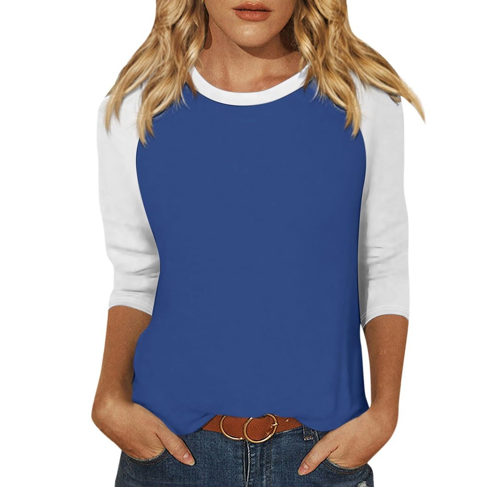 3/4 Length Sleeve Womens Tops Casual Cropped Shoulder Sleeves Patchwork Striped Print Round Neck Blouse Loose Blouses