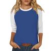 3/4 Length Sleeve Womens Tops Casual Cropped Shoulder Sleeves Patchwork Striped Print Round Neck Blouse Loose Blouses view 1