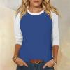 3/4 Length Sleeve Womens Tops Casual Cropped Shoulder Sleeves Patchwork Striped Print Round Neck Blouse Loose Blouses view 2