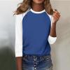 3/4 Length Sleeve Womens Tops Casual Cropped Shoulder Sleeves Patchwork Striped Print Round Neck Blouse Loose Blouses view 4