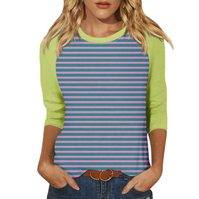 3/4 Length Sleeve Womens Tops Casual Cropped Shoulder Sleeves Patchwork Striped Print Round Neck Blouse Loose Blouses