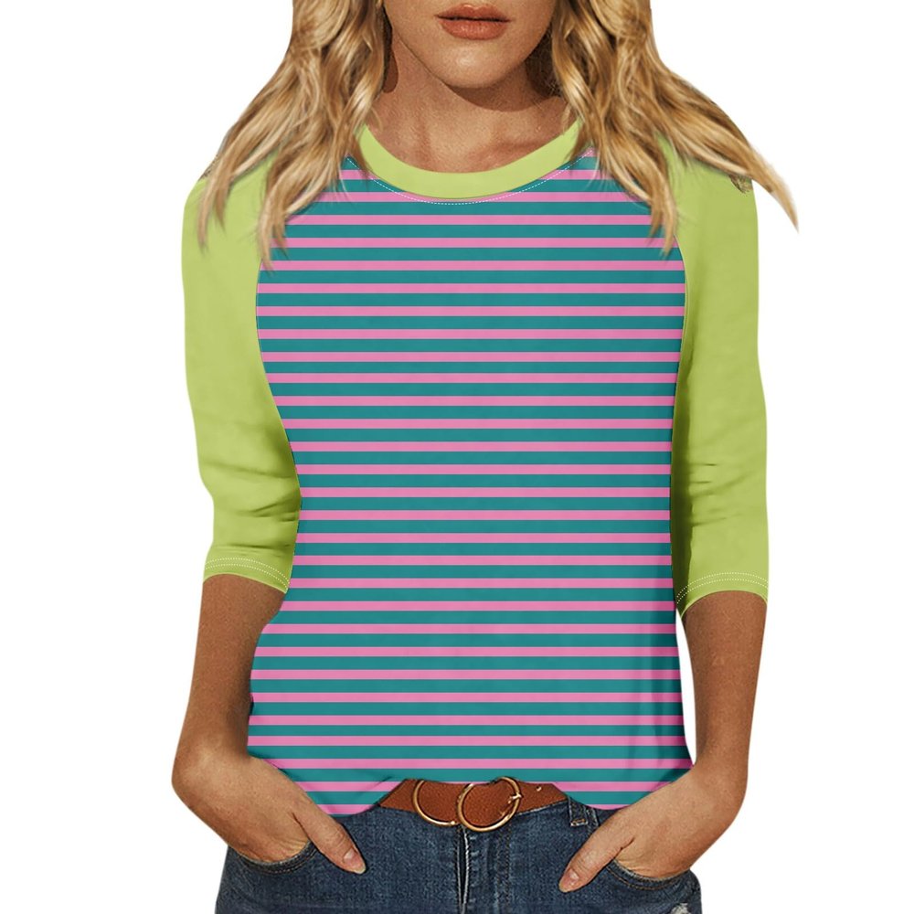 3/4 Length Sleeve Womens Tops Casual Cropped Shoulder Sleeves Patchwork Striped Print Round Neck Blouse Loose Blouses