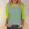 3/4 Length Sleeve Womens Tops Casual Cropped Shoulder Sleeves Patchwork Striped Print Round Neck Blouse Loose Blouses view 2
