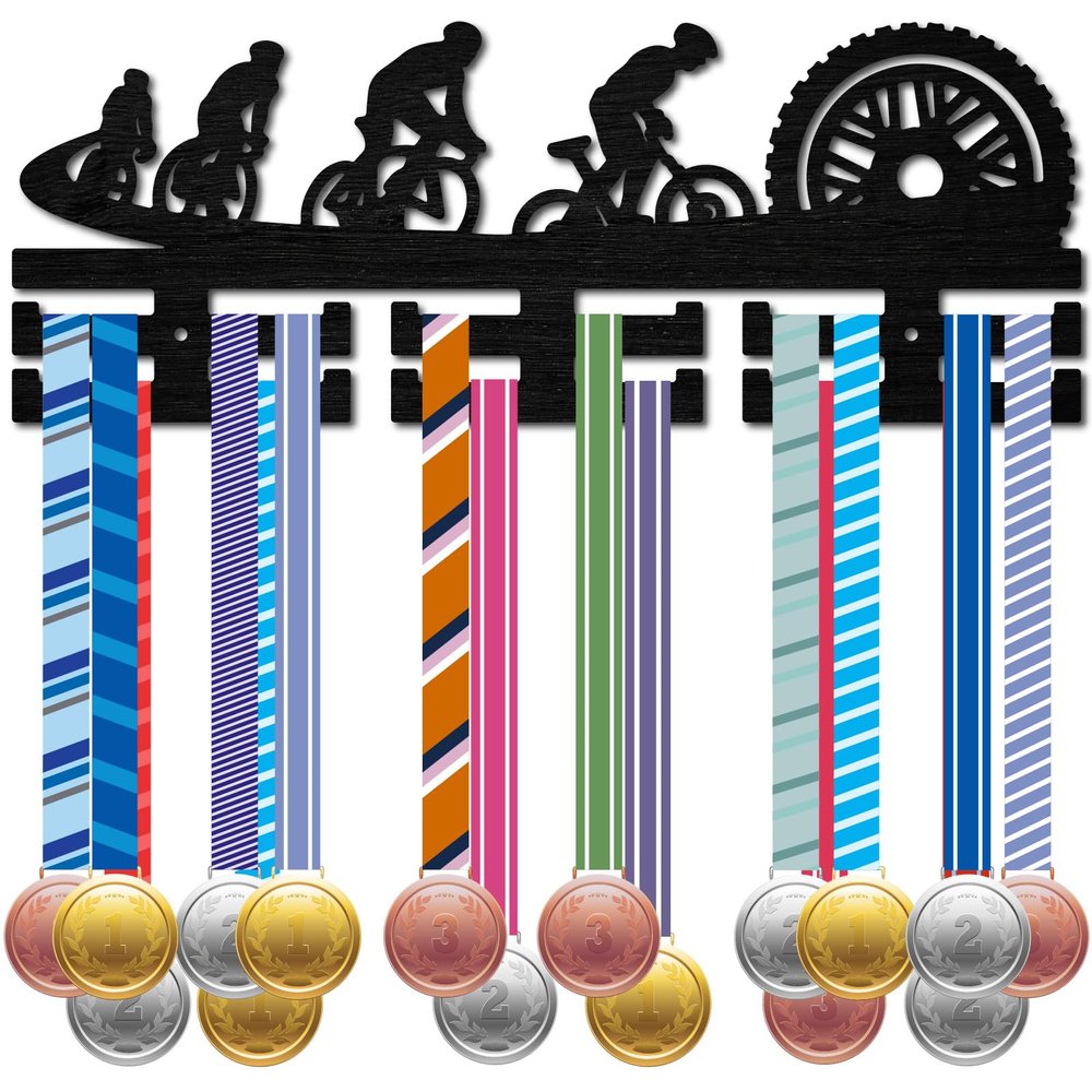 CREATCABIN Cycling Medal Holder Medal Hangers Display Wall Mount Frame Wooden Sports Medals Hanger Black Wall Decor Medal Organizer Rack for Hanging Cycling Bike Bicycle 15.7 x 6 Inch