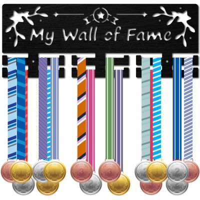 CREATCABIN Medal Holder Display Medal Hangers Rack Wall Mount Frame Shelf Wooden Sports Medals Hanger Black Wall Decor Medal Organizer for Soccer Running Gymnastic Football 15.7x6 Inch-My Wall of Fame