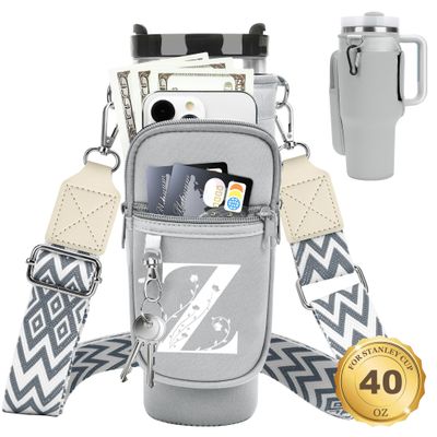 LOKASS Initial Water Bottle Holder with Strap for Stanley Cup 42oz Tumbler with Handle,Insulated Water Bottle Carrier Bag with Phone Pocket, Floral & Carabiner for Stanley Cup Accessories (Grey Z)